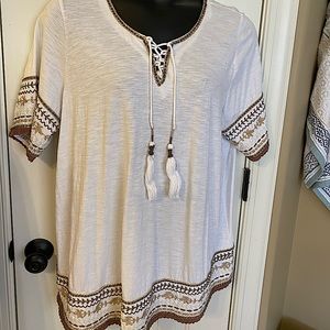 Roamans Embroidered Top with Tassel Neck